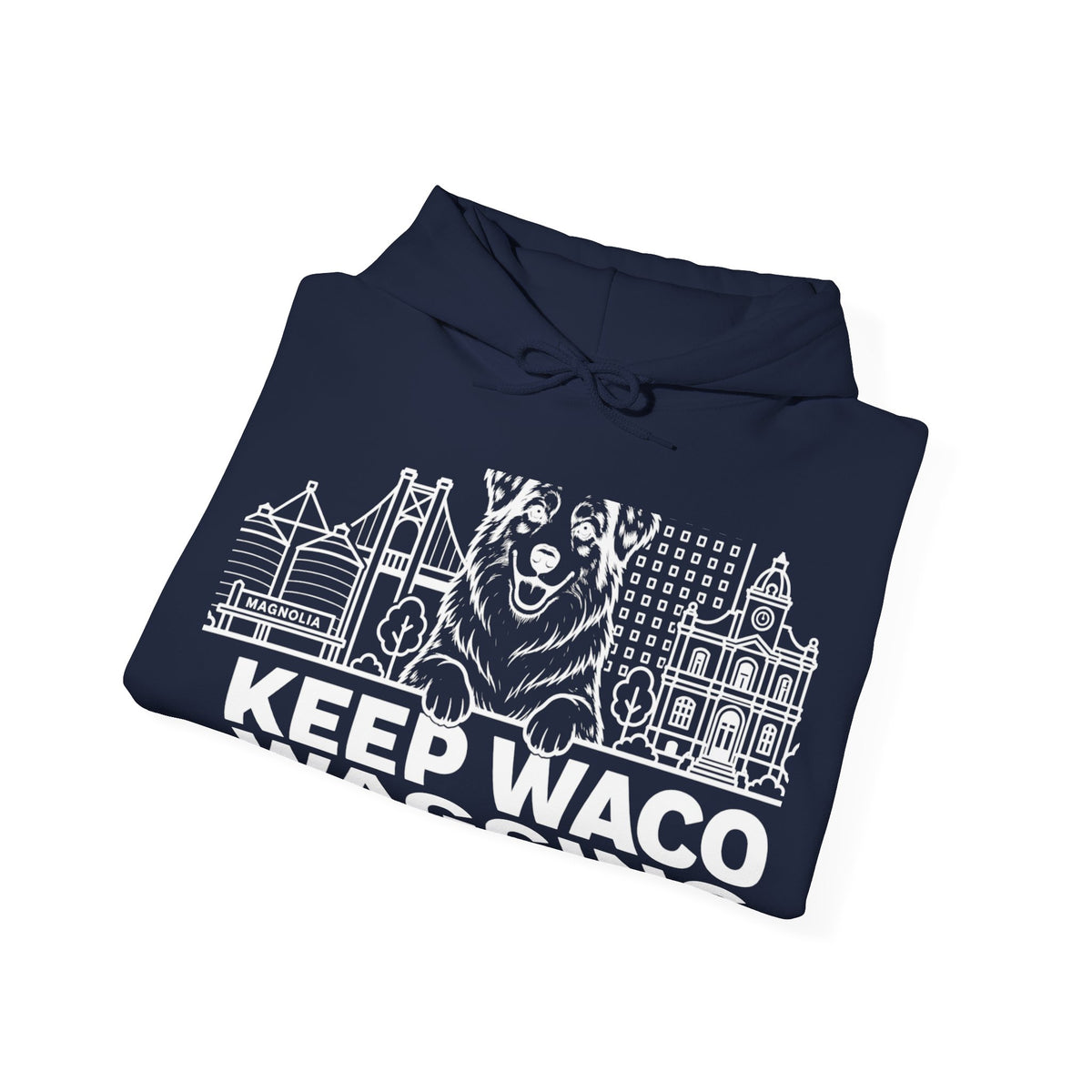 Waco Australian Shepherd Hoodie — Australian Shepherd and Waco skyline artwork, packaging or scale reference