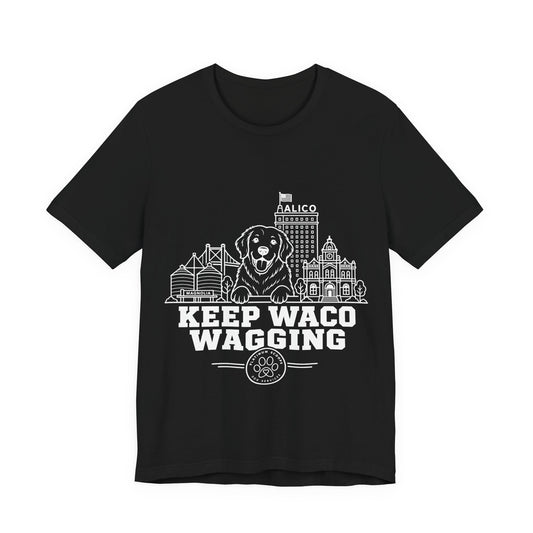 Keep Waco Wagging Golden Retriever Edition — Golden Retriever and Waco skyline artwork on Black tee