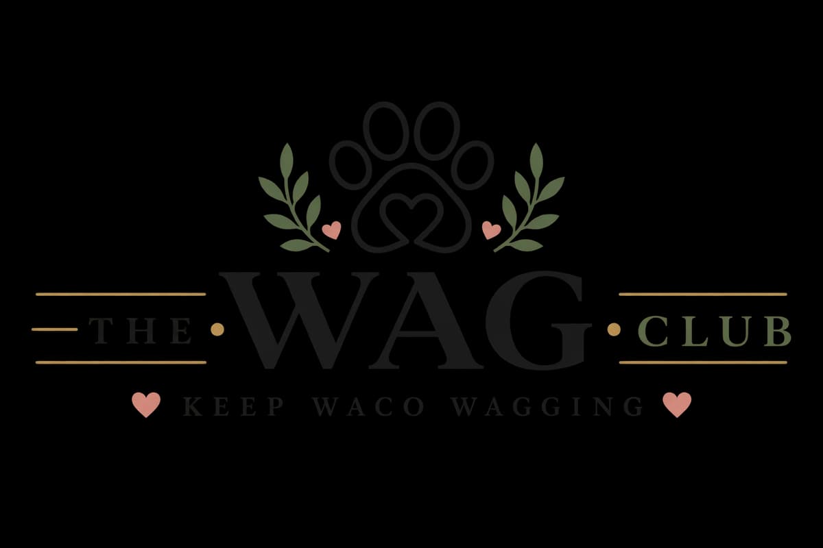 The Wag Club — Keep Waco Wagging emblem with a paw print, laurels and hearts