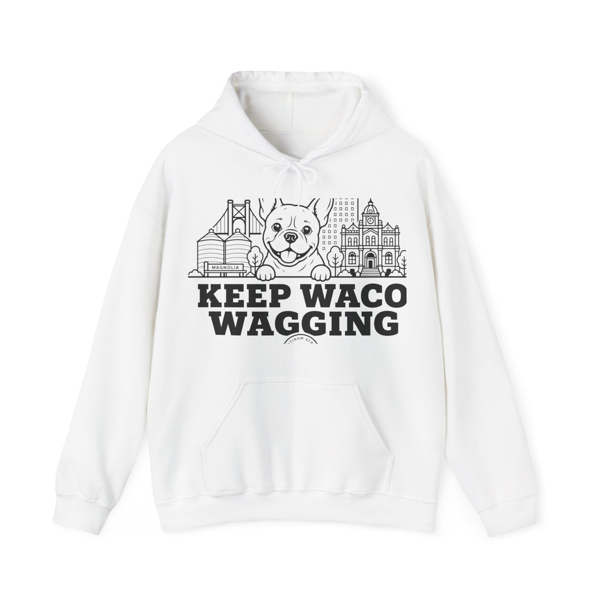 Waco Frenchie Hoodie — Frenchie and Waco skyline artwork on White hoodie
