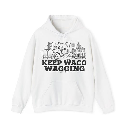 Waco Frenchie Hoodie — Frenchie and Waco skyline artwork on White hoodie