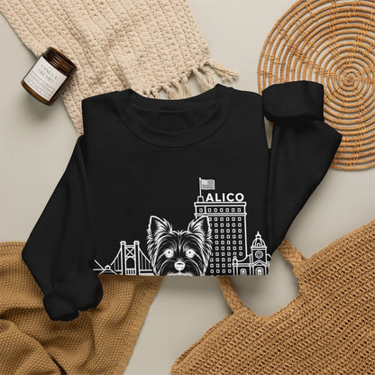 Waco Yorkie Sweatshirt — Yorkie and Waco skyline artwork, packaging or scale reference