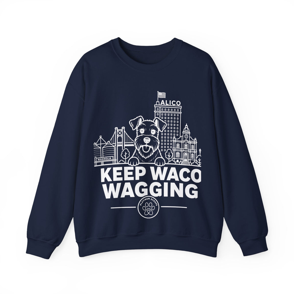 Waco Schnauzer Sweatshirt — Schnauzer and Waco skyline artwork on Navy crewneck