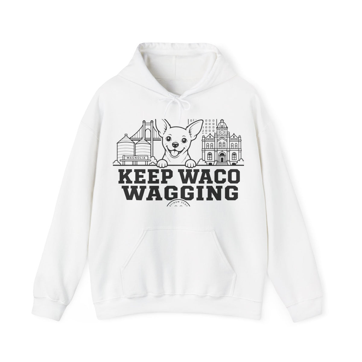 Waco Chihuahua Hoodie — Chihuahua and Waco skyline artwork on White hoodie