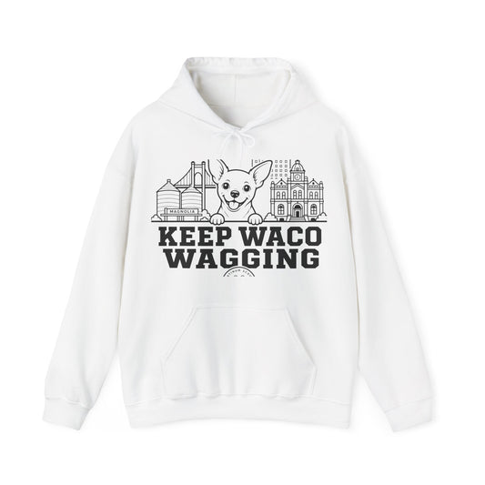 Waco Chihuahua Hoodie — Chihuahua and Waco skyline artwork on White hoodie