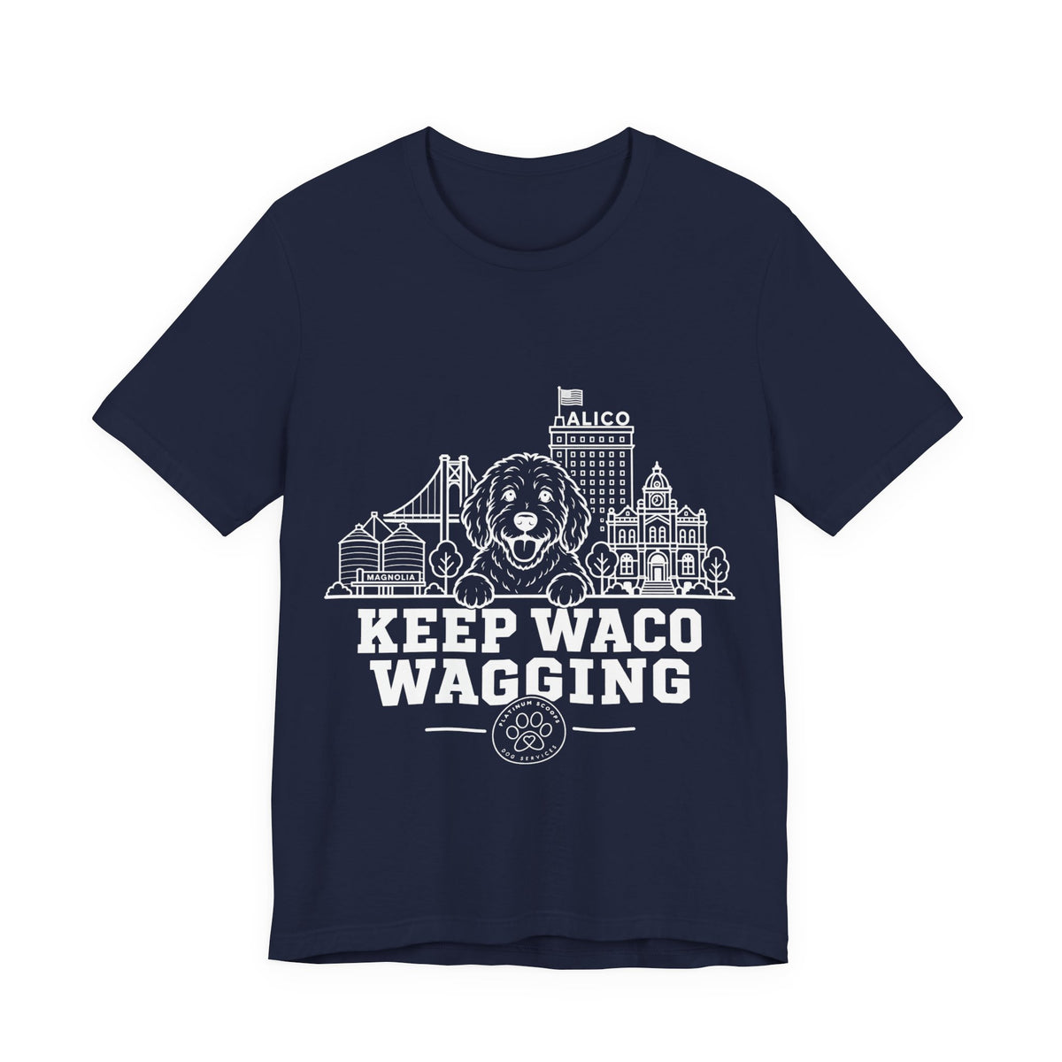 Keep Waco Wagging Doodle Edition — Doodle and Waco skyline artwork on Navy tee