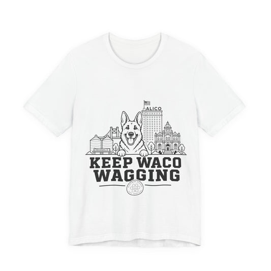 Keep Waco Wagging German Shepherd Edition — German Shepherd and Waco skyline artwork on White tee