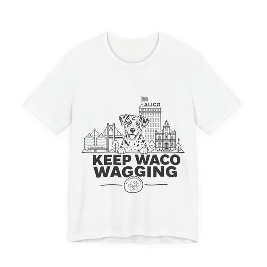 Keep Waco Wagging — Catahoula and Waco skyline artwork on White tee
