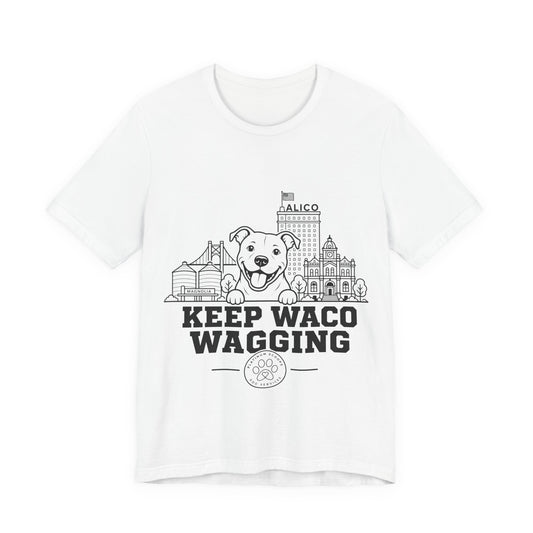 Keep Waco Wagging Pittie Edition — Pittie and Waco skyline artwork on White tee