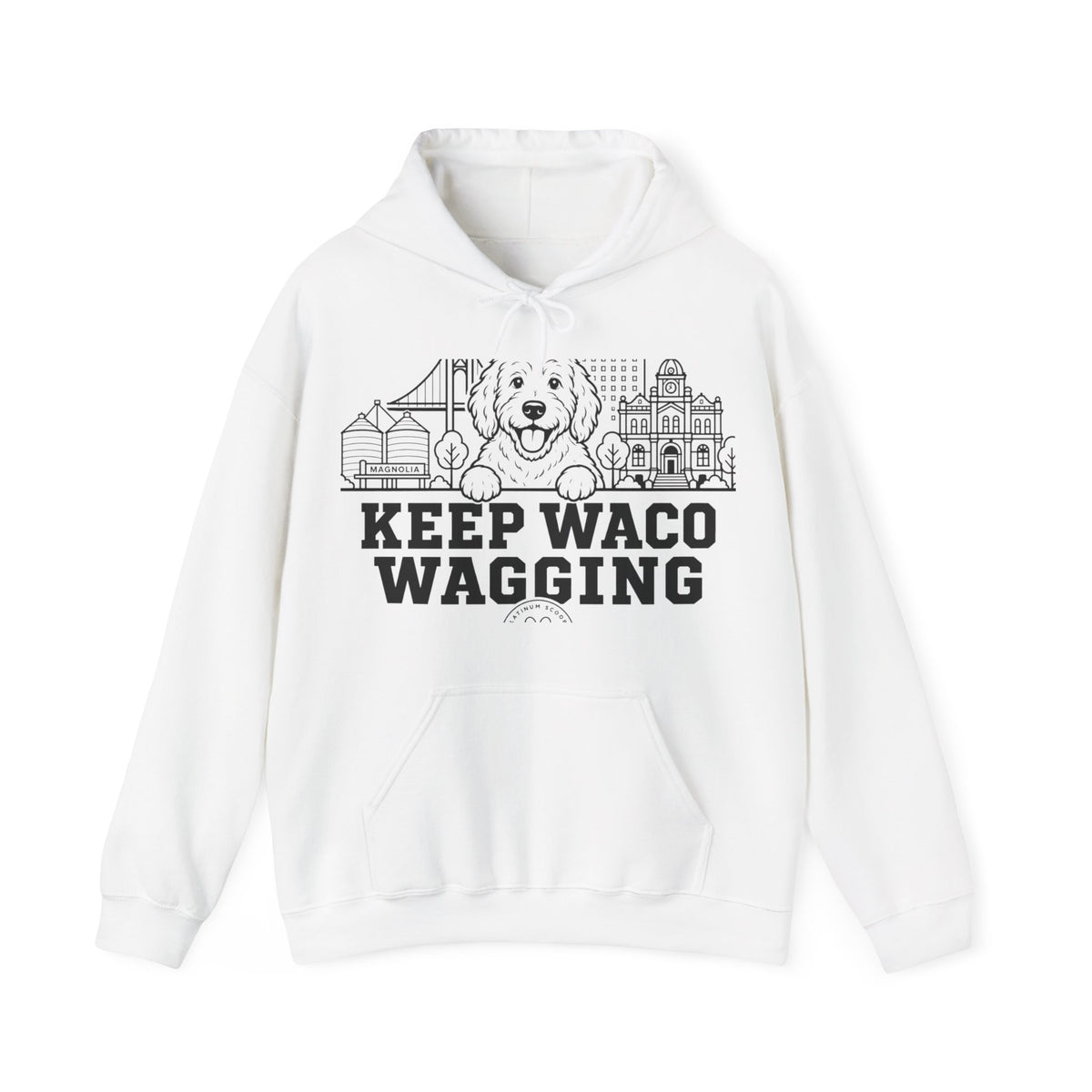Waco Doodle Hoodie — Doodle and Waco skyline artwork on White hoodie