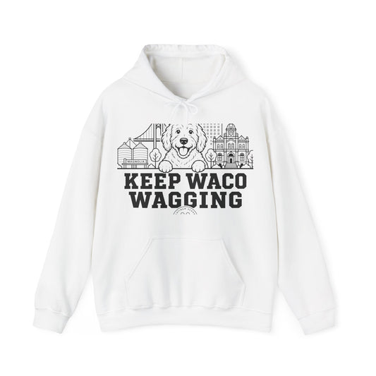 Waco Doodle Hoodie — Doodle and Waco skyline artwork on White hoodie