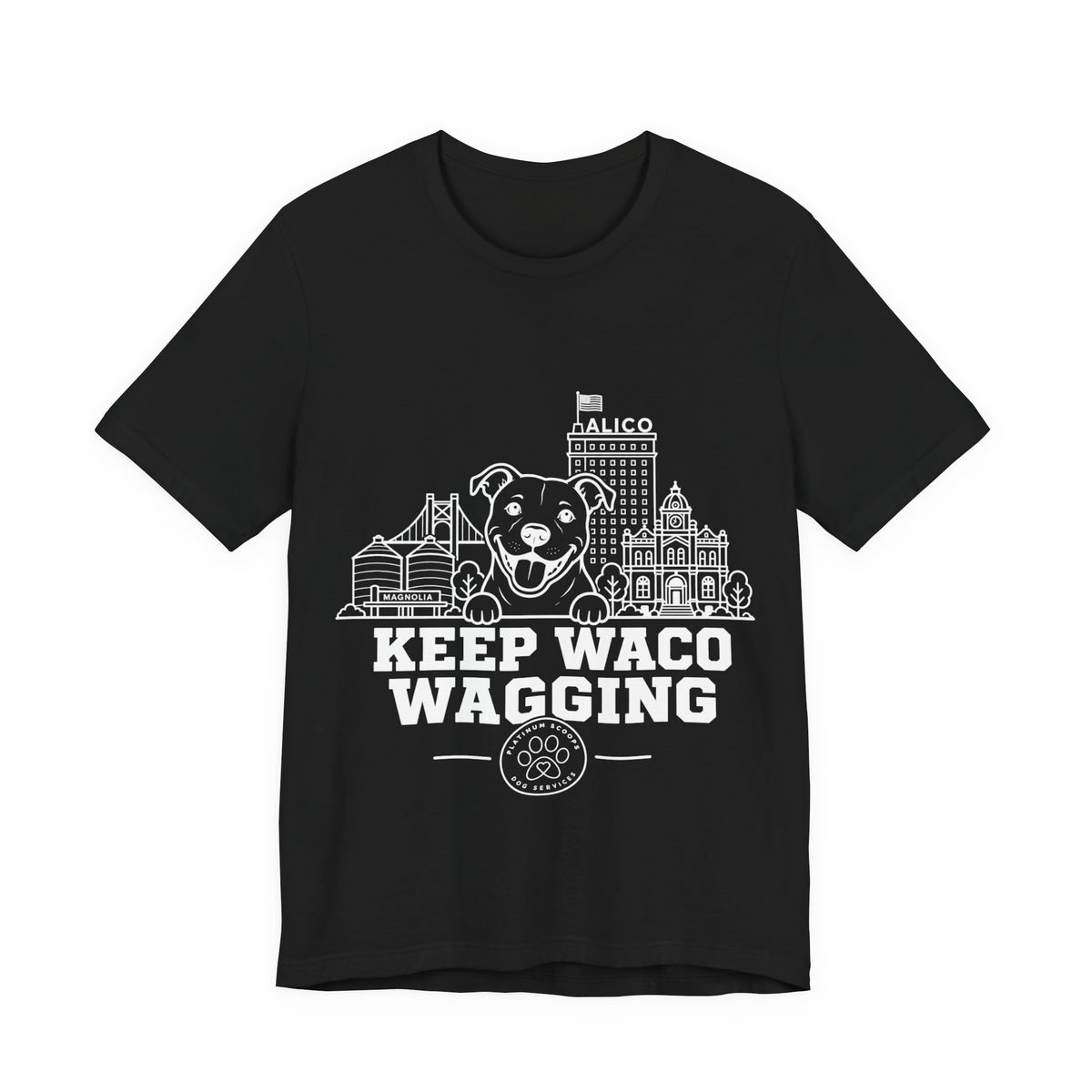 Keep Waco Wagging Pittie Edition — Pittie and Waco skyline artwork on Black tee