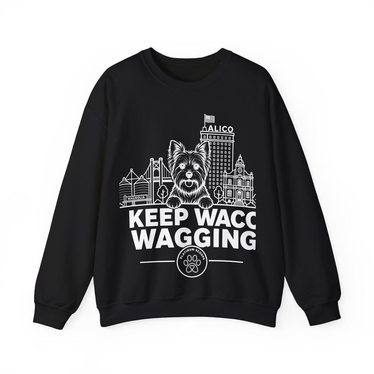 Waco Yorkie Sweatshirt — Yorkie and Waco skyline artwork on Black crewneck