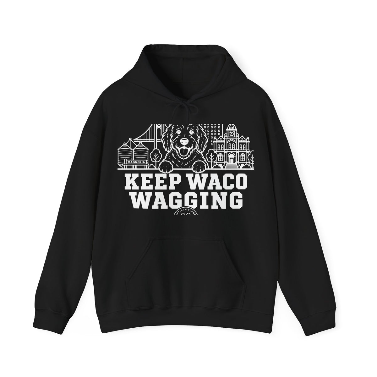 Waco Doodle Hoodie — Doodle and Waco skyline artwork on Black hoodie