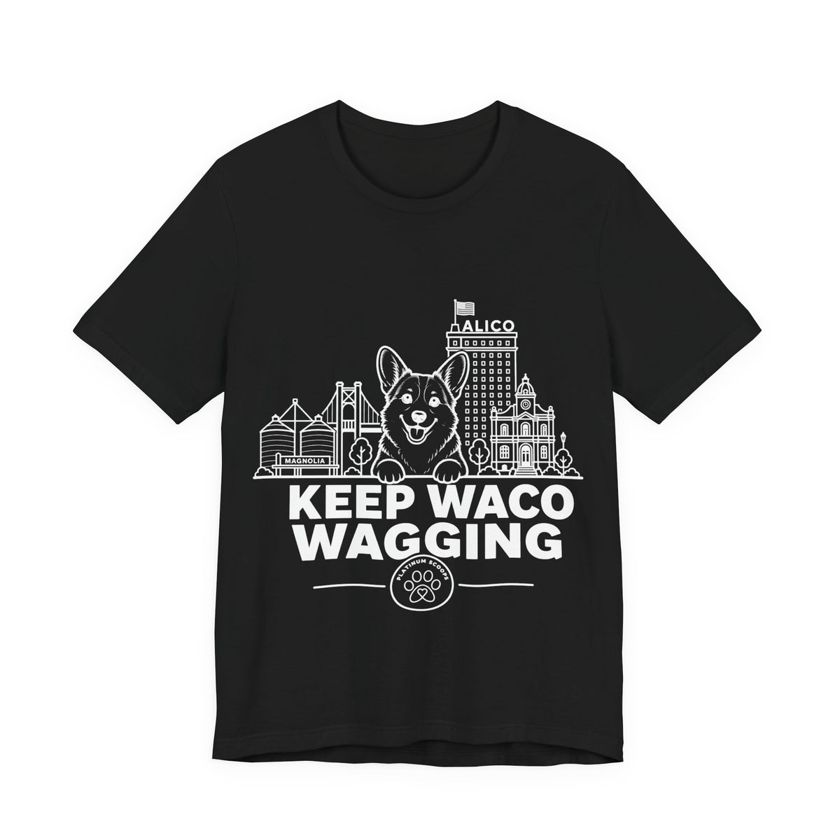 Keep Waco Wagging — Corgi and Waco skyline artwork on Black tee