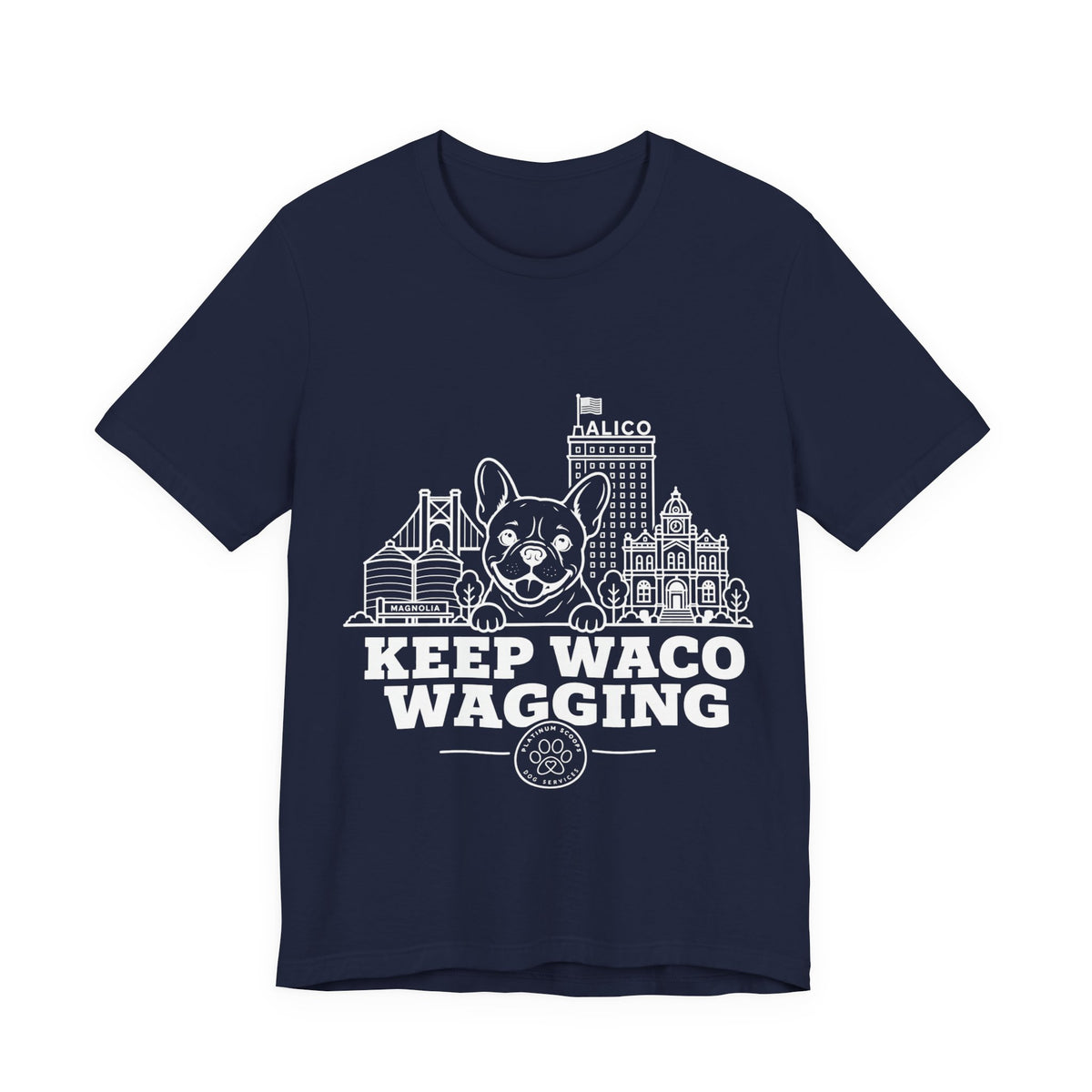 Keep Waco Wagging Frenchie Edition — Frenchie and Waco skyline artwork on Navy tee