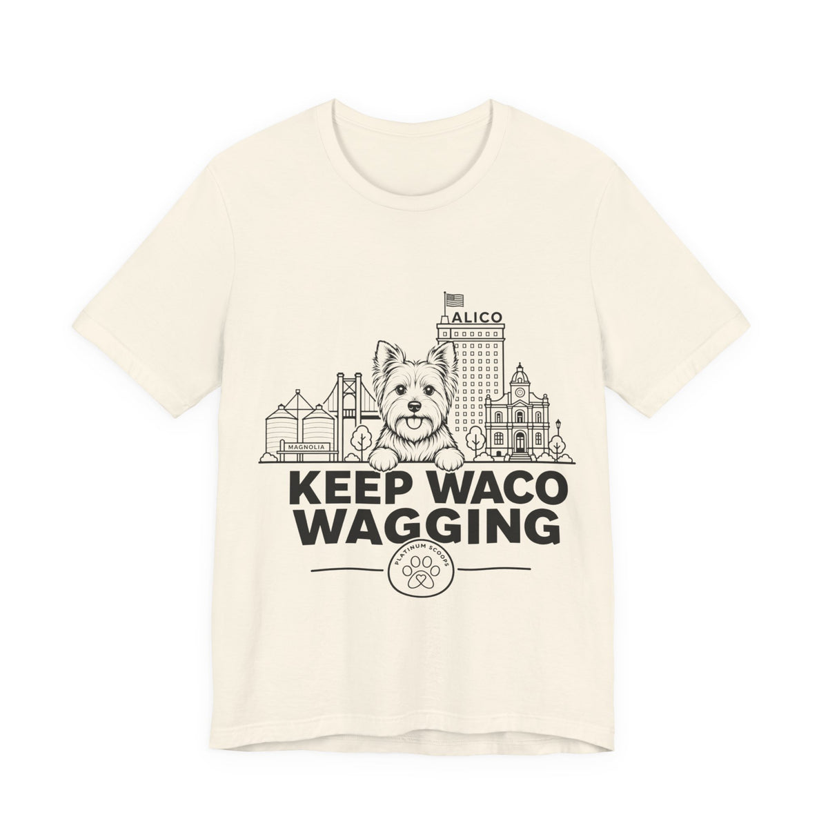 Keep Waco Wagging — Yorkie and Waco skyline artwork on Natural tee