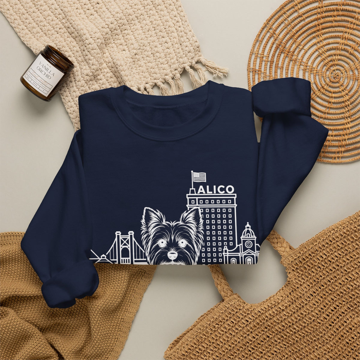 Waco Yorkie Sweatshirt — Yorkie and Waco skyline artwork, packaging or scale reference