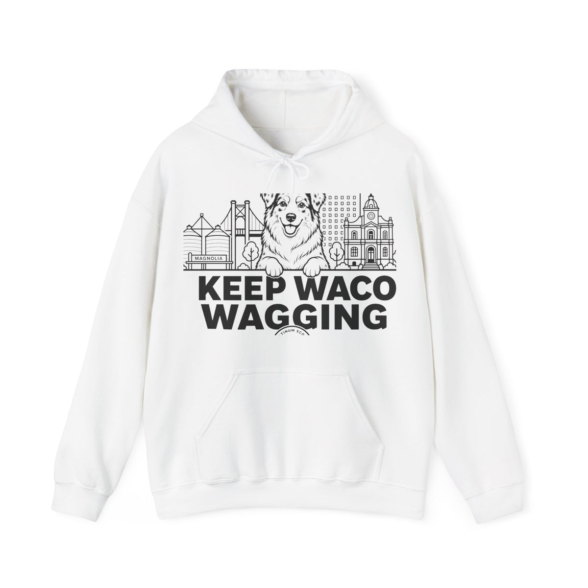 Waco Australian Shepherd Hoodie — Australian Shepherd and Waco skyline artwork on White hoodie