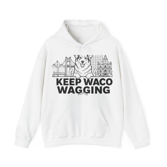 Waco Australian Shepherd Hoodie — Australian Shepherd and Waco skyline artwork on White hoodie