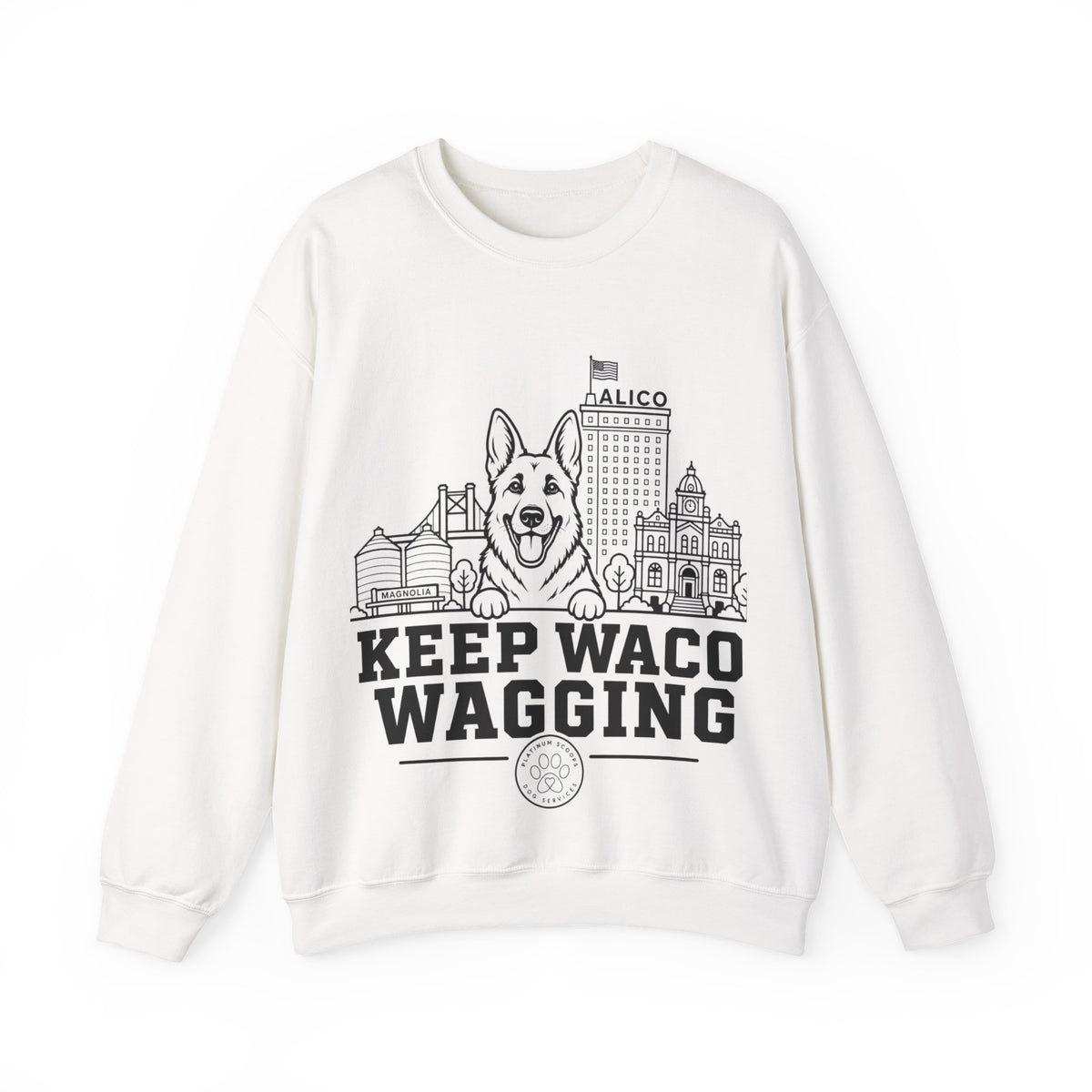 Waco German Shepherd Sweatshirt — German Shepherd and Waco skyline artwork on White crewneck
