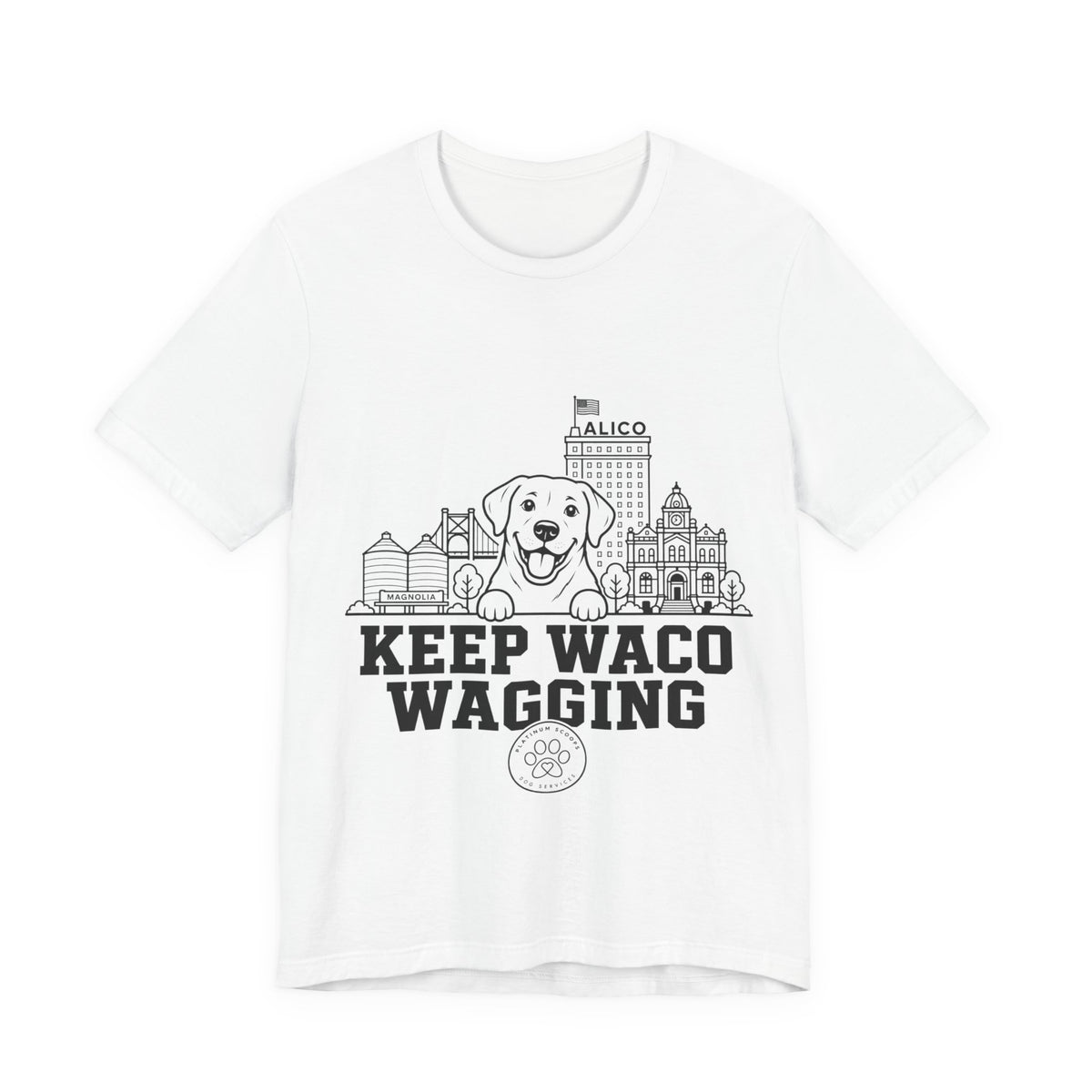 Keep Waco Wagging Labrador Edition — Labrador and Waco skyline artwork on White tee