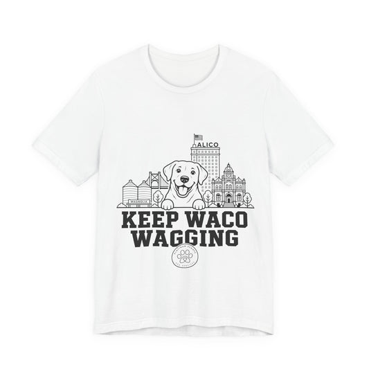 Keep Waco Wagging Labrador Edition — Labrador and Waco skyline artwork on White tee