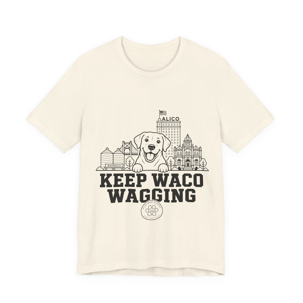 Keep Waco Wagging Labrador Edition — Labrador and Waco skyline artwork on Natural tee