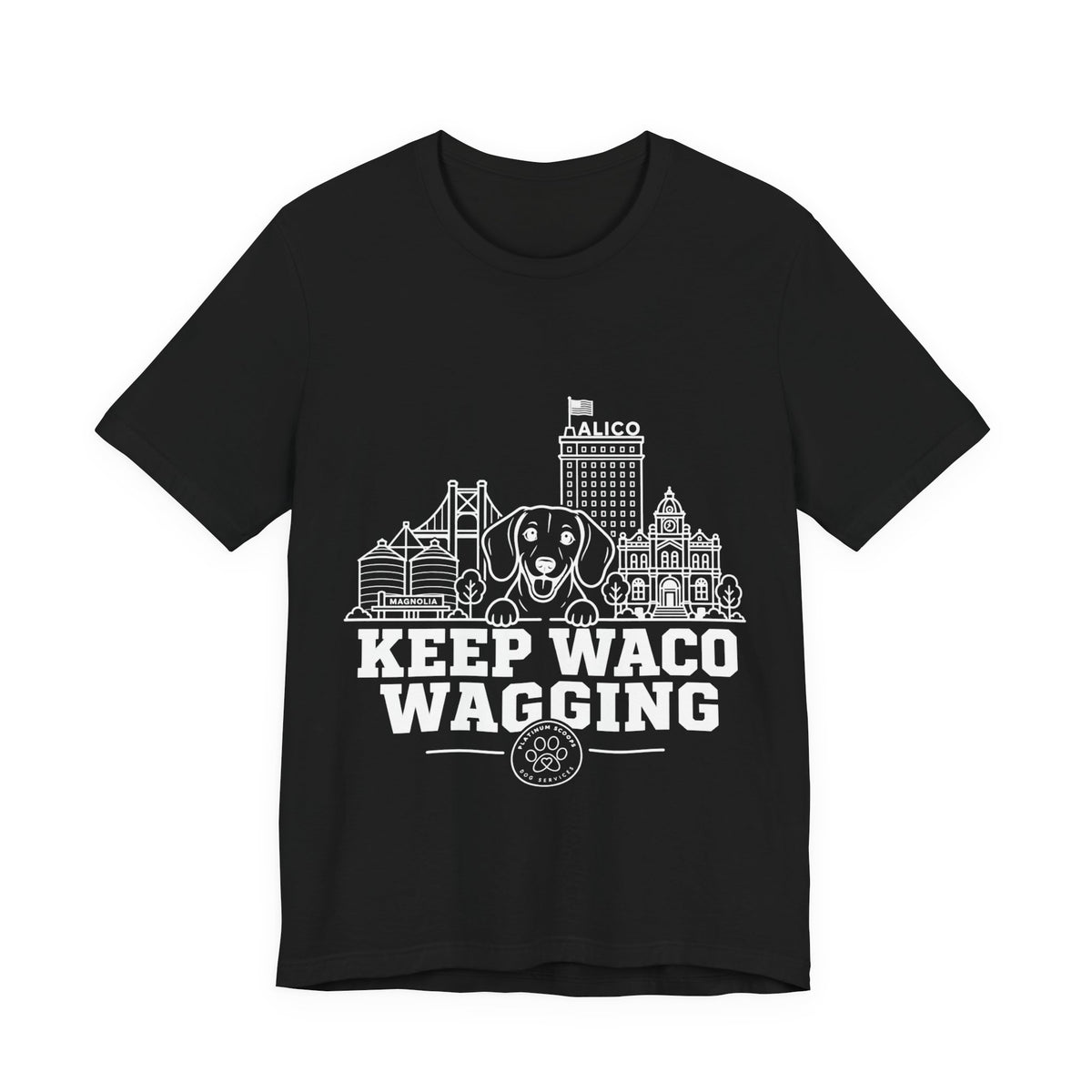 Keep Waco Wagging Dachshund Edition — Dachshund and Waco skyline artwork on Black tee
