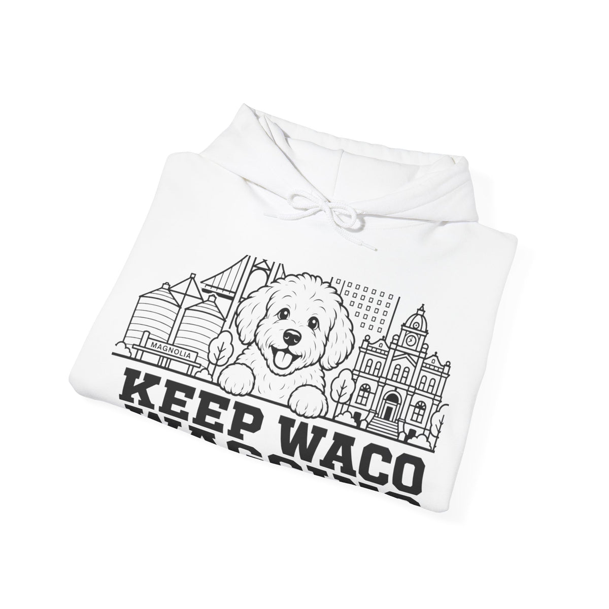 Waco Maltipoo Hoodie — Maltipoo and Waco skyline artwork, packaging or scale reference