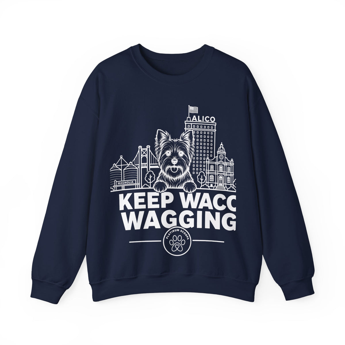 Waco Yorkie Sweatshirt — Yorkie and Waco skyline artwork on Navy crewneck