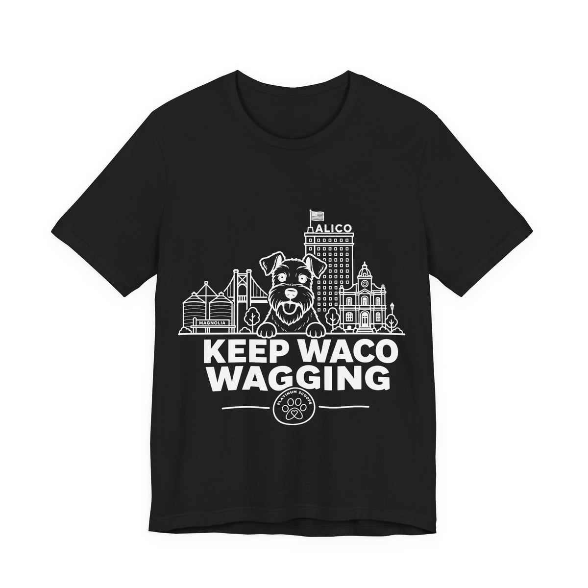 Keep Waco Wagging Schnauzer Edition — Schnauzer and Waco skyline artwork on Black tee