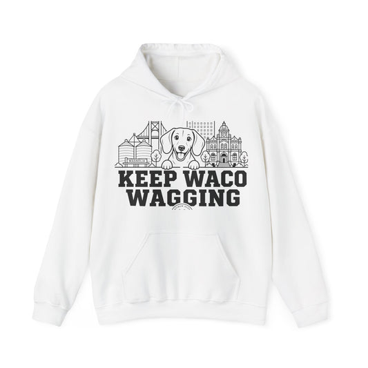 Waco Dachshund Hoodie — Dachshund and Waco skyline artwork on White hoodie