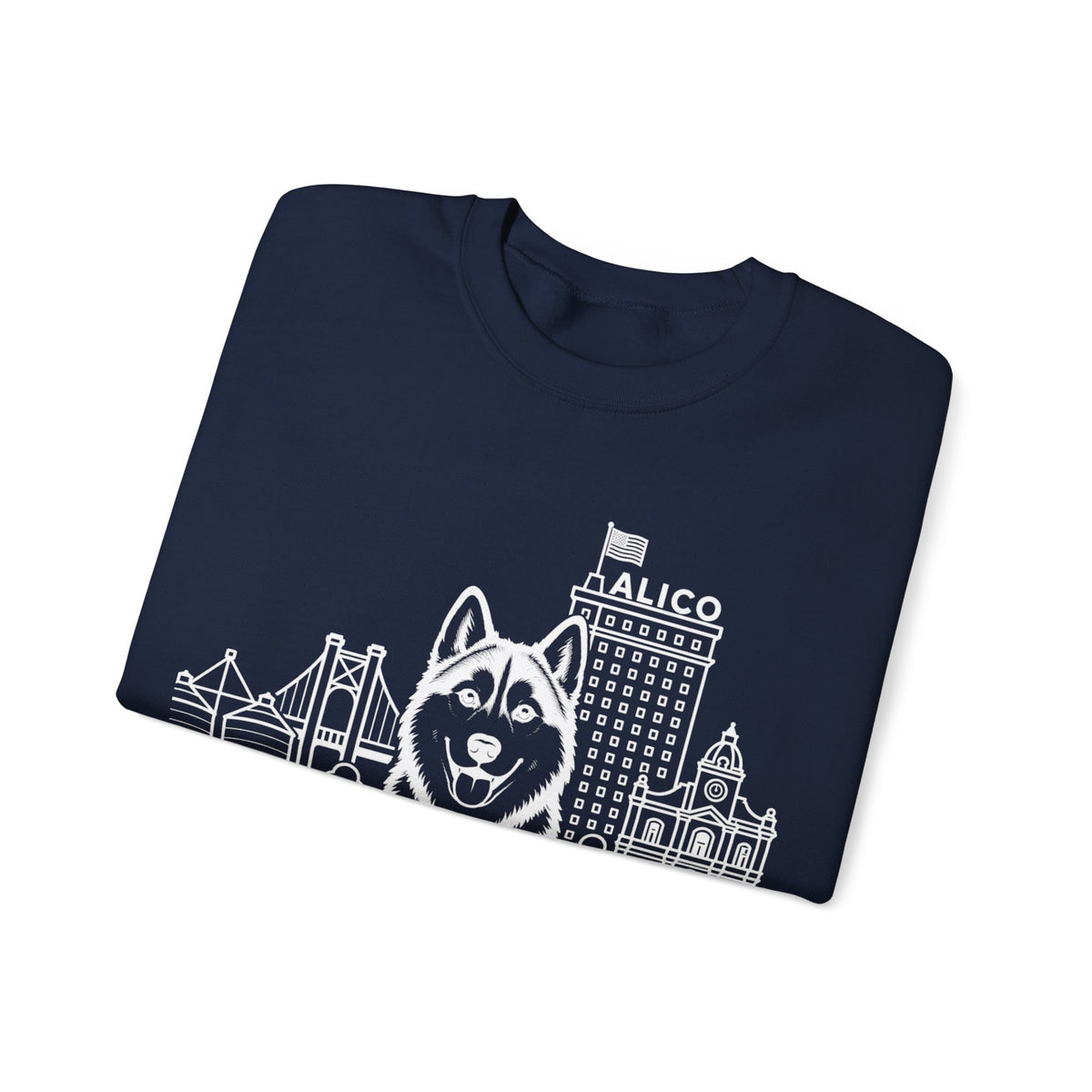 Waco Siberian Husky Sweatshirt — Siberian Husky and Waco skyline artwork, packaging or scale reference