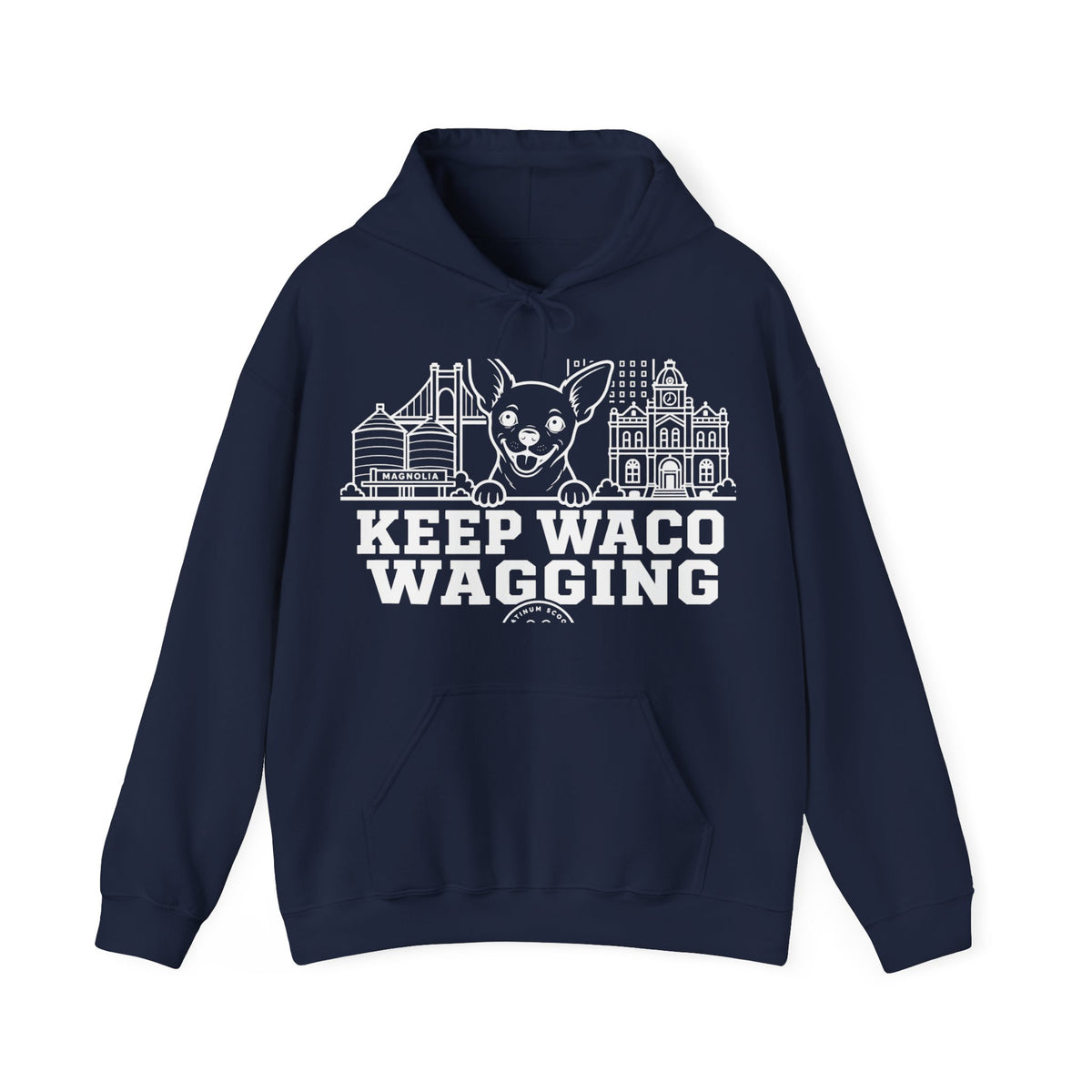 Waco Chihuahua Hoodie — Chihuahua and Waco skyline artwork on Navy hoodie