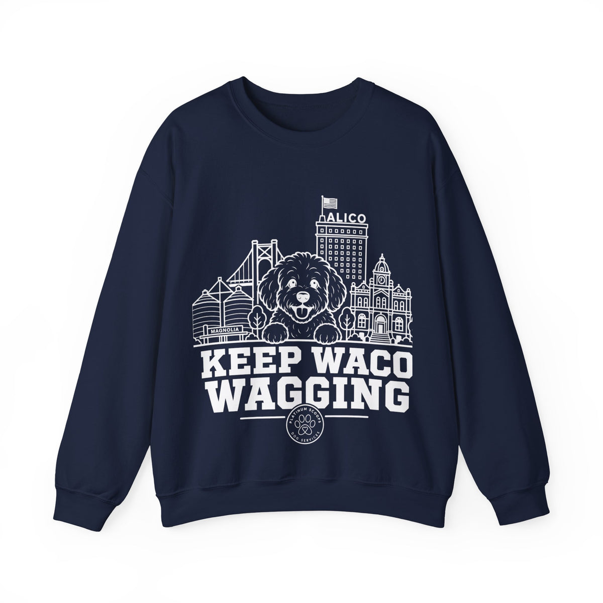 Waco Maltipoo Sweatshirt — Maltipoo and Waco skyline artwork on Navy crewneck