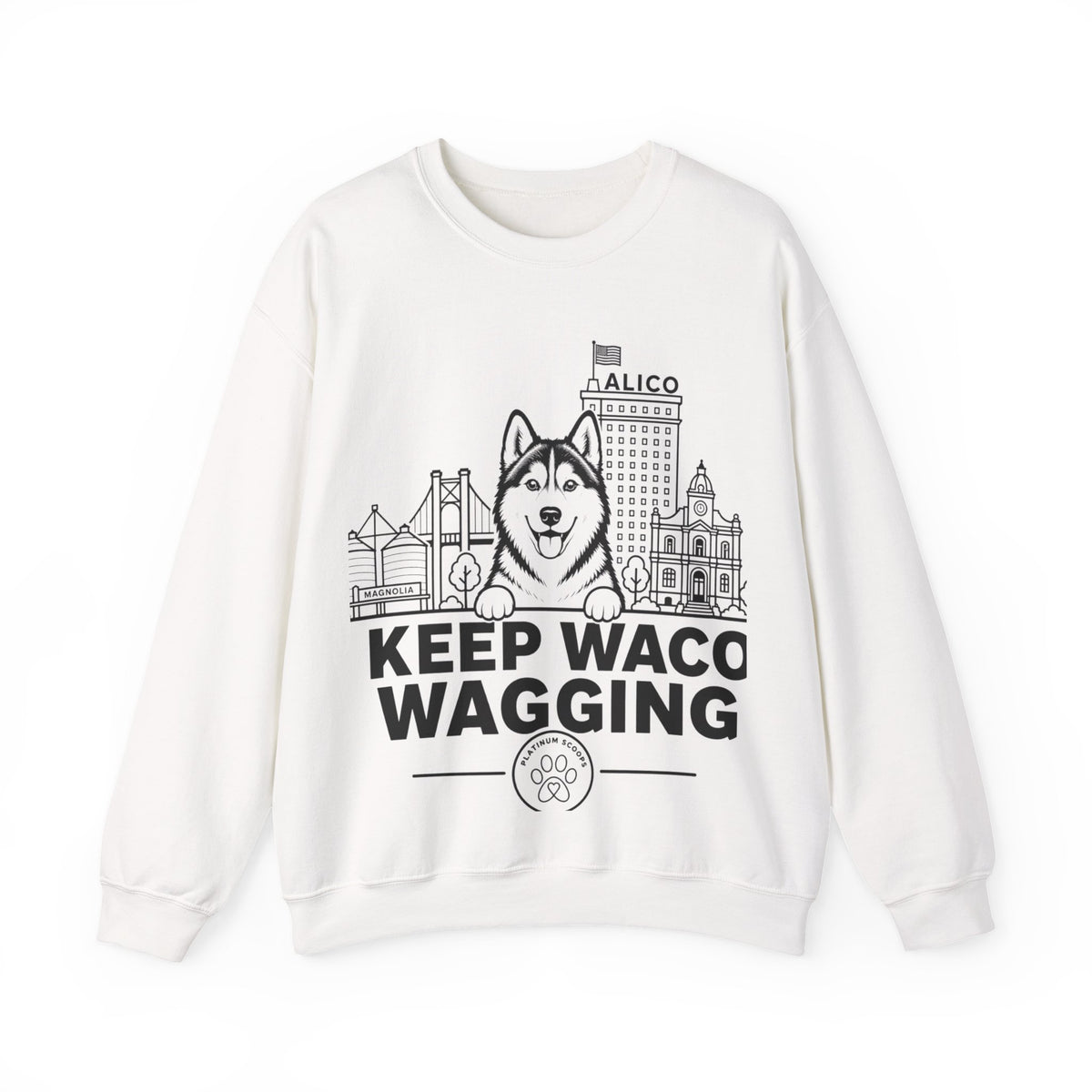 Waco Siberian Husky Sweatshirt — Siberian Husky and Waco skyline artwork on White crewneck