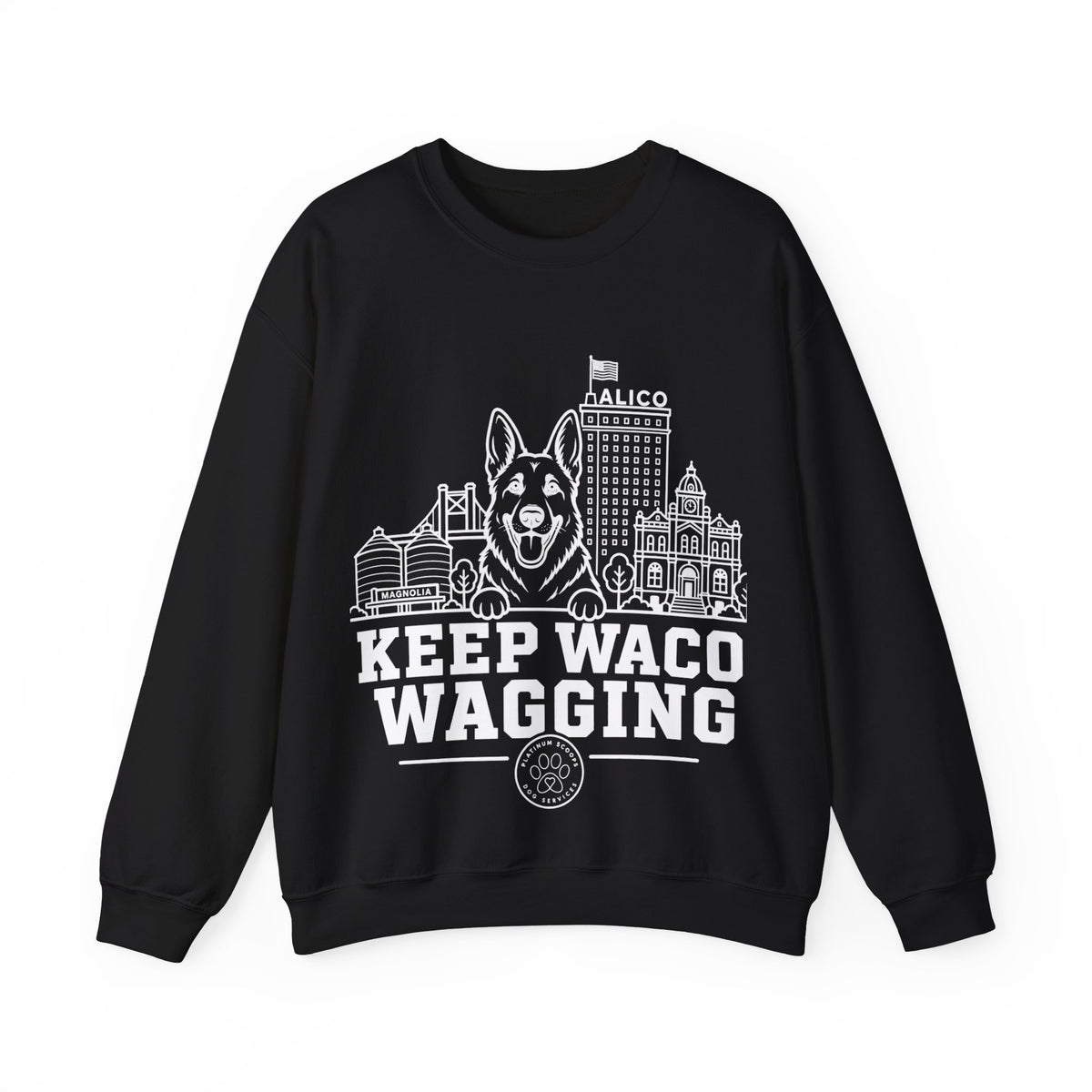 Waco German Shepherd Sweatshirt — German Shepherd and Waco skyline artwork on Black crewneck