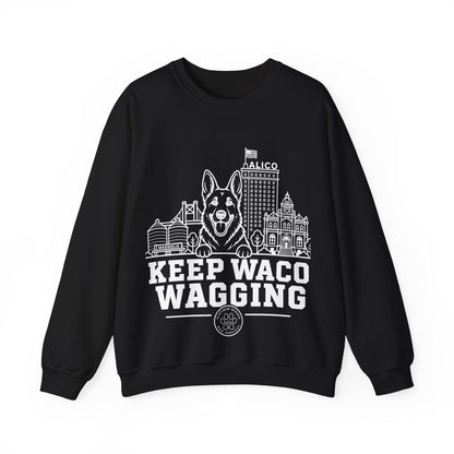 Waco German Shepherd Sweatshirt — German Shepherd and Waco skyline artwork on Black crewneck