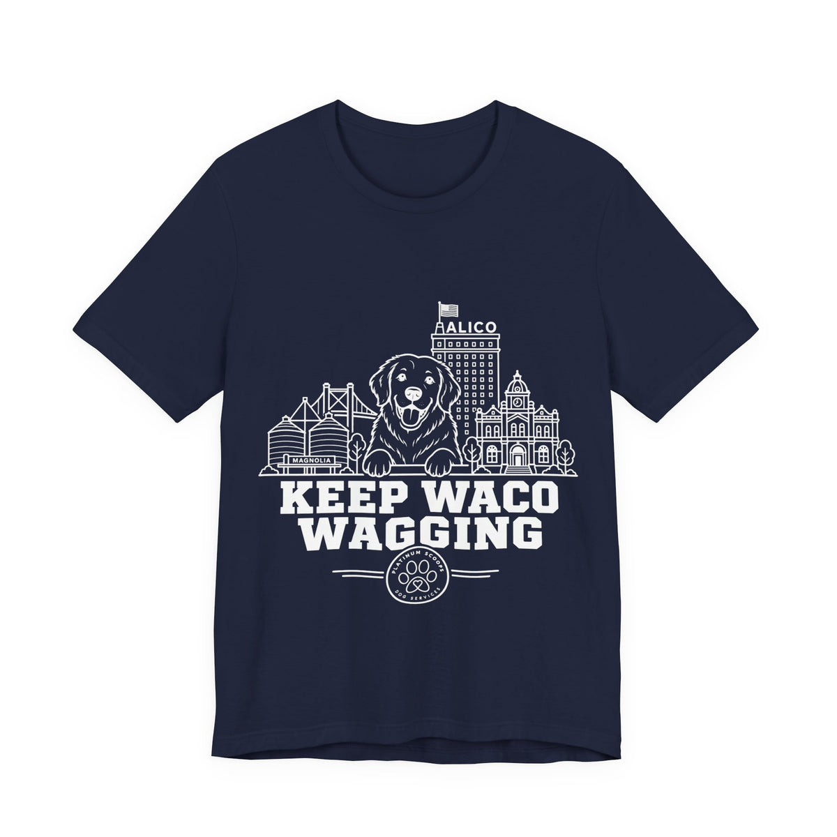 Keep Waco Wagging Golden Retriever Edition — Golden Retriever and Waco skyline artwork on Navy tee