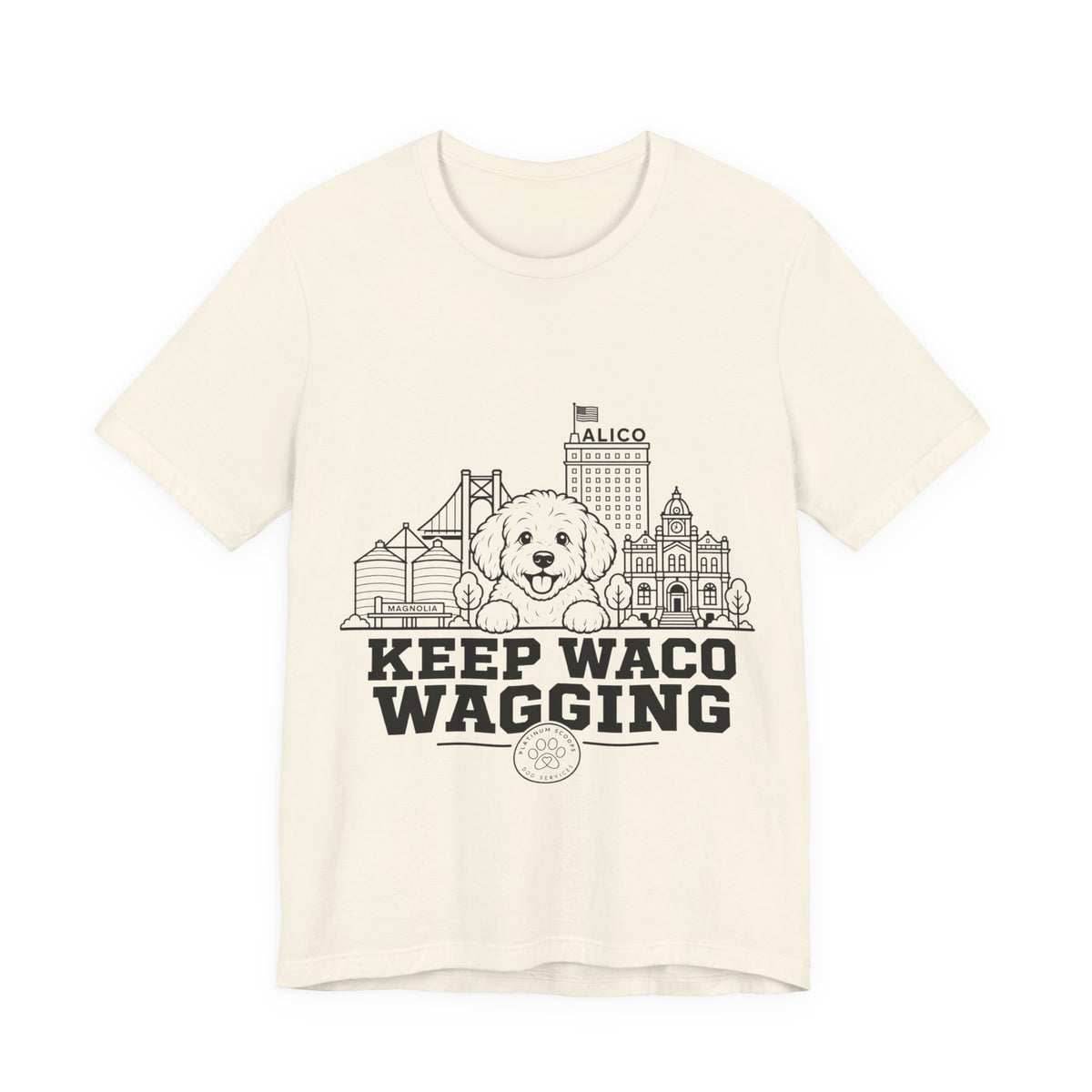 Keep Waco Wagging Maltipoo Edition — Maltipoo and Waco skyline artwork on Natural tee