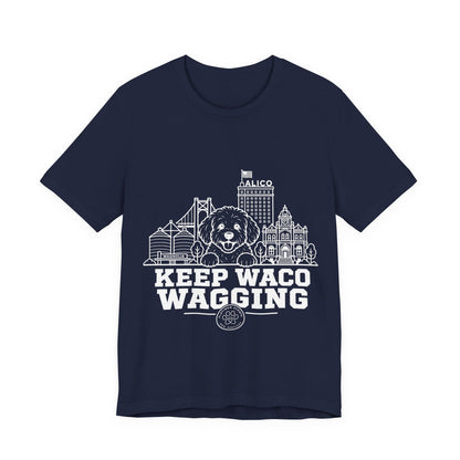 Keep Waco Wagging Maltipoo Edition — Maltipoo and Waco skyline artwork on Navy tee