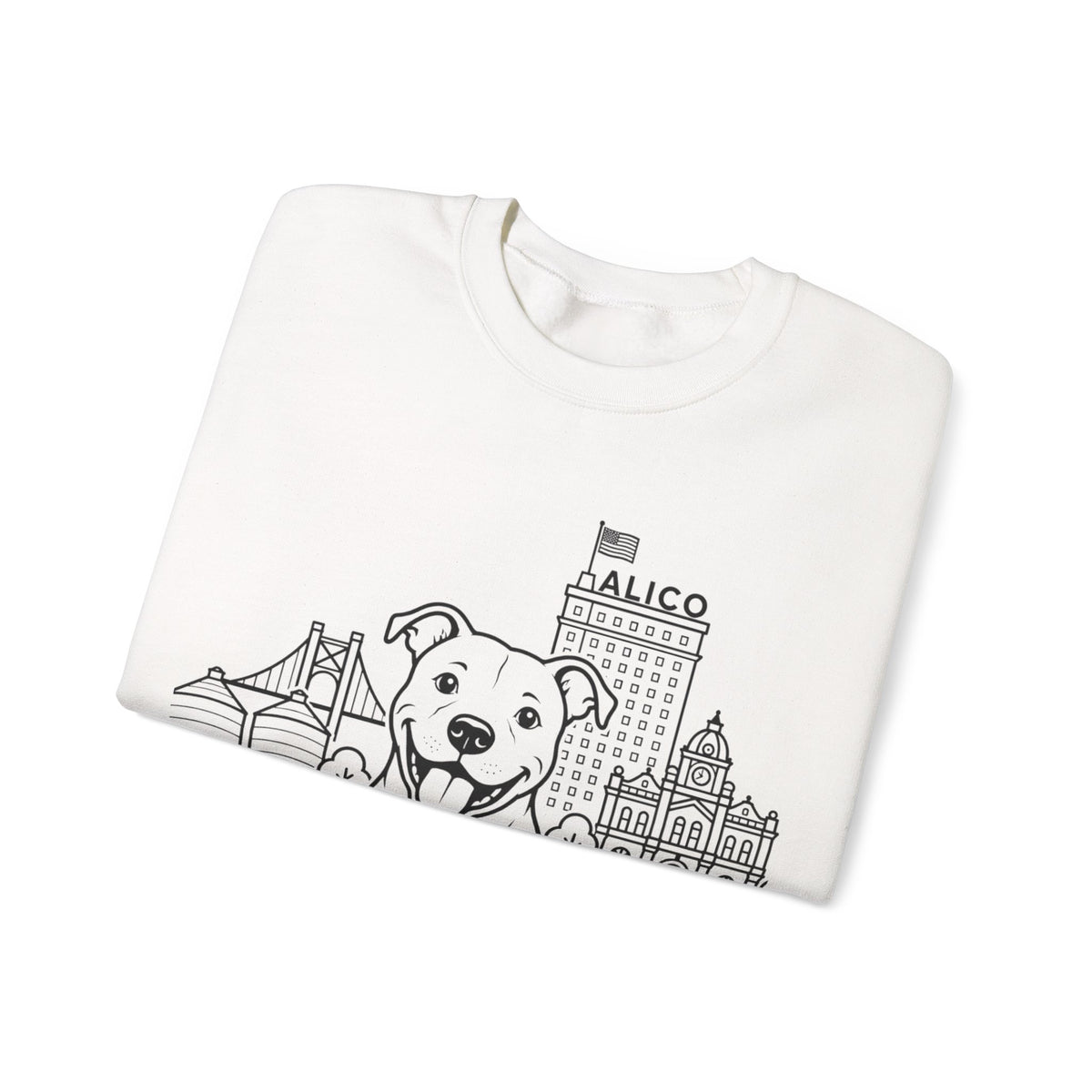 Waco Pittie Sweatshirt — Pittie and Waco skyline artwork, detail view