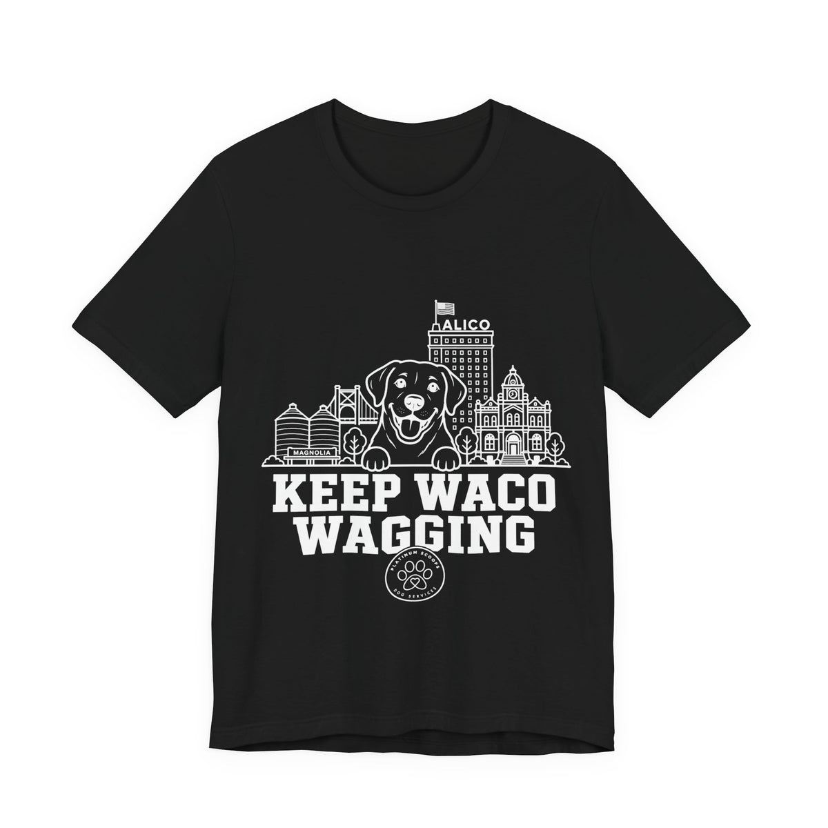 Keep Waco Wagging Labrador Edition — Labrador and Waco skyline artwork on Black tee