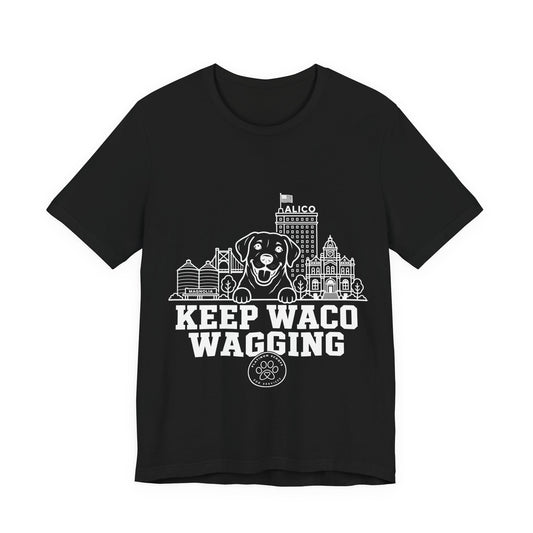 Keep Waco Wagging Labrador Edition — Labrador and Waco skyline artwork on Black tee