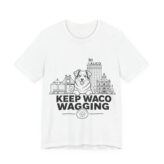 Keep Waco Wagging — Australian Shepherd and Waco skyline artwork on White tee