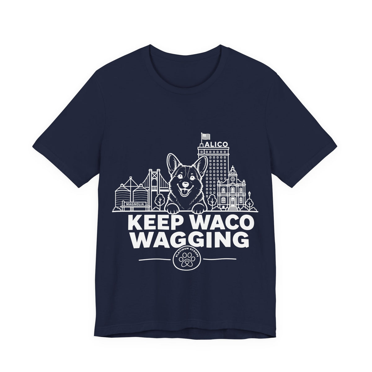 Keep Waco Wagging — Corgi and Waco skyline artwork on Navy tee