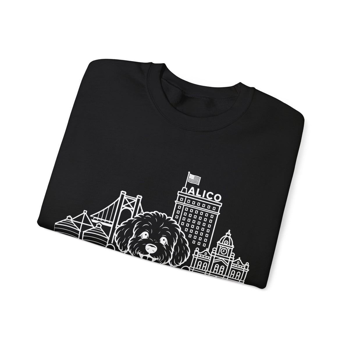 Waco Maltipoo Sweatshirt — Maltipoo and Waco skyline artwork, packaging or scale reference