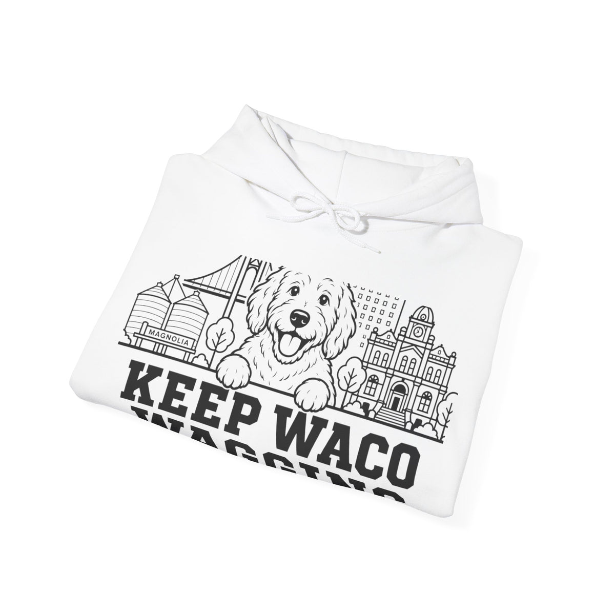 Waco Doodle Hoodie — Doodle and Waco skyline artwork, packaging or scale reference