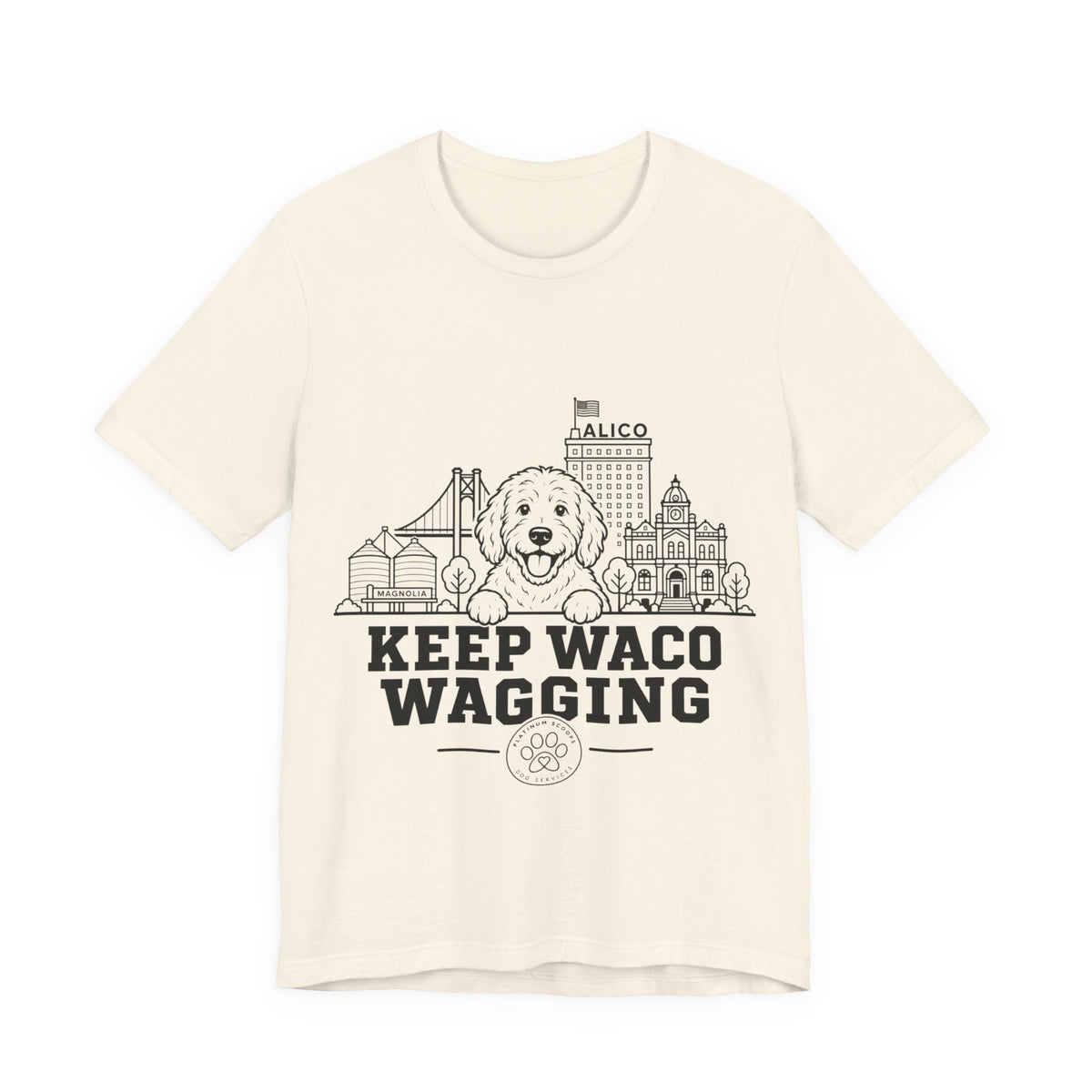 Keep Waco Wagging Doodle Edition — Doodle and Waco skyline artwork on Natural tee